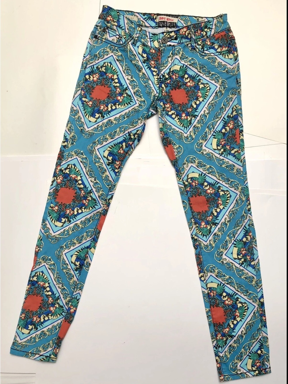 HOT KISS DENIM PANTS Y2K FLORAL HIPPY SKINNY LILY STRETCH JUNIOR SZ 5. EXCELLENT